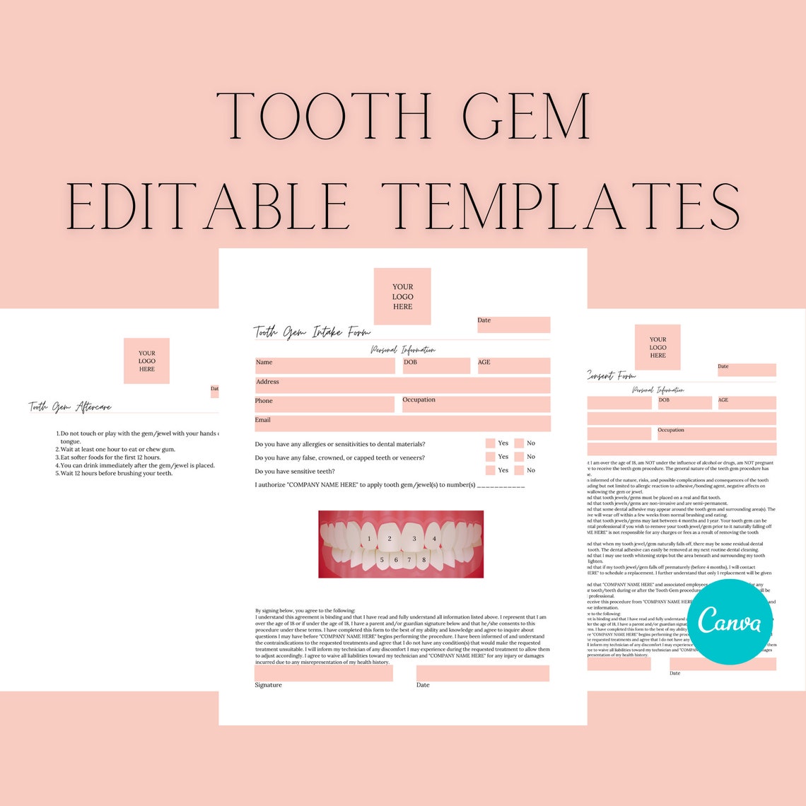 Editable Tooth Gem Intake Consent Aftercare Form Templates Etsy