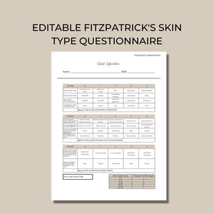 Fitzpatrick's Skin Type Questionnaire Form, Editable Template for Esthetician, Spa, Med Spa, Beige White, 1 Page, Digital Download, FITZ001T