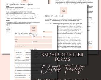 Op de afbeelding: Een set BBL/Hip Dip Filler-formulieren, inclusief pre-care, aftercare, toestemmings- en intakeformulieren. De formulieren staan op wit papier met een zachtroze kop- en voettekst. De tekst "Editable Template" wordt onderaan weergegeven.
