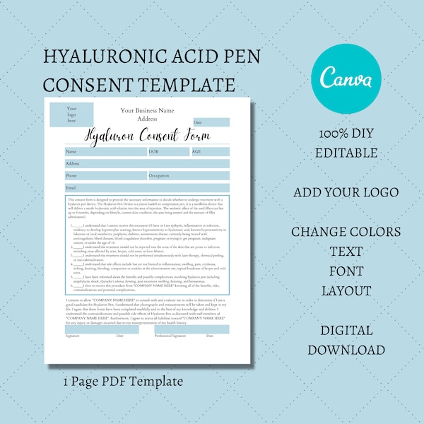 Hyaluronic Acid Pen Consent Form I DIY Editable Printable 1 Page Canva Template I Blue White I No Needle Filler Treatment Form I HP003T