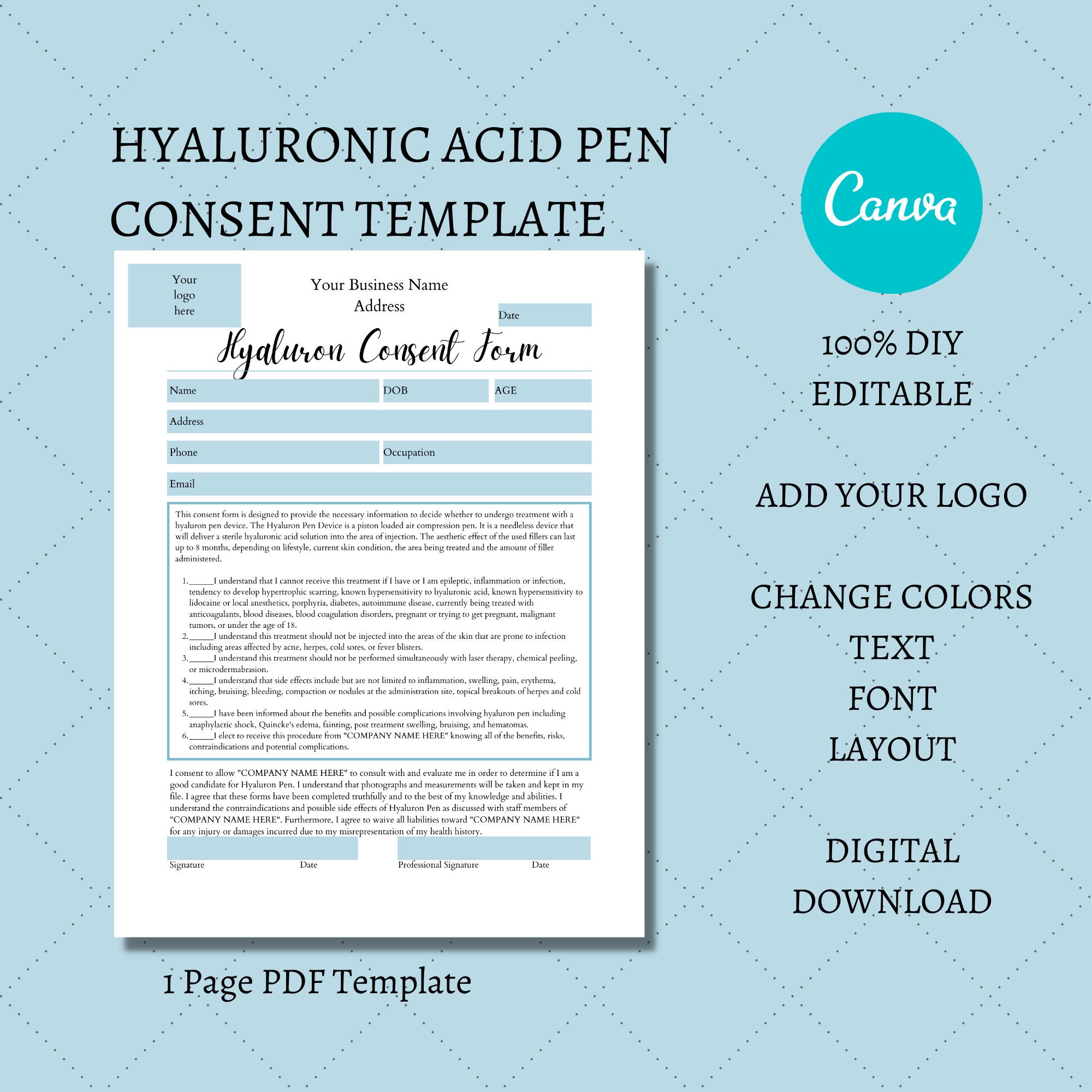 Hyaluronic Acid Pen Consent Form I DIY Editable Printable 1 Etsy UK