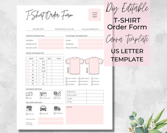 Puede incluir: Plantilla de formulario de pedido de camiseta imprimible en rosa y blanco con un diseño de camiseta en blanco. El formulario incluye secciones para la información del pedido, la información del cliente, el tamaño, el método de pago, el método de entrega y las notas.