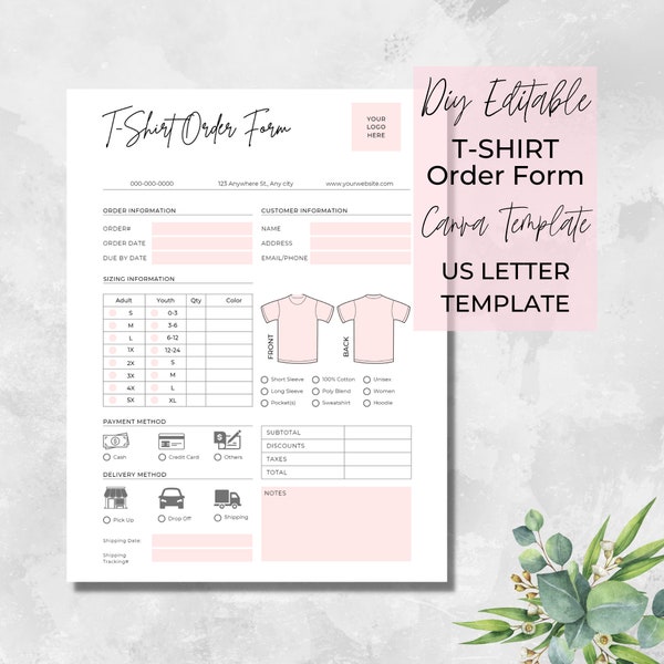 T-shirt Order Form, Editable Template for Small Business, Custom T-Shirt Order Form, Printable Order Form, Made to Order Shirt, Pink, OF008T