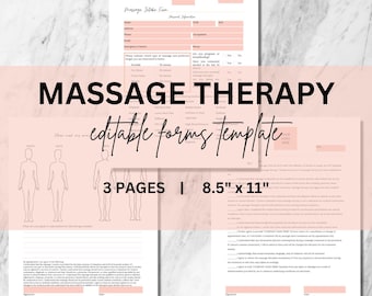 Pode incluir: Um modelo de formulário de admissão de terapia de massagem imprimível em rosa e branco com três páginas, medindo 8,5 polegadas por 11 polegadas. O modelo inclui um formulário de admissão do cliente, um formulário de consentimento de terapia de massagem e um diagrama do corpo para que os clientes possam indicar as áreas de foco.