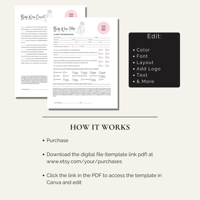 Editable Esthetician Body Wrap Intake and Consent Form, Spa Salon Forms ...