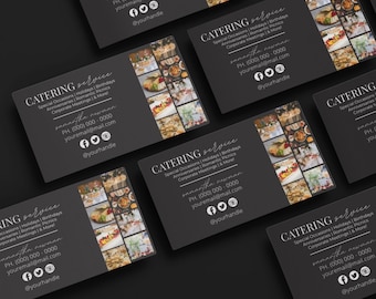May include: A collection of dark gray business cards with the text "CATERING service" and contact information. Each card features a collage of food images. The cards are arranged at an angle.
