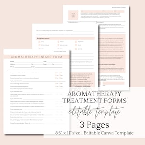 Könnte beinhalten: Aromatherapie-Behandlungsformulare, editierbare Vorlage, ein dreiseitiges, druckbares Dokument mit rosa Hintergrund. Das Dokument enthält Aufnahmeformulare und Einverständniserklärungen für Aromatherapiebehandlungen. Das Dokument ist 8,5 Zoll mal 11 Zoll groß und eine editierbare Canva-Vorlage.