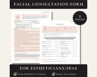 Editable Esthetician Facial Consultation Form, Spa Intake and Consent