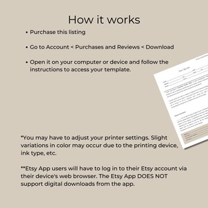 May include: Instructions on how to download a digital product purchased on Etsy. The text explains that you need to purchase the listing, go to your account, and download the file. It also notes that Etsy app users will need to log in to their Etsy account via their device's web browser to download the file.