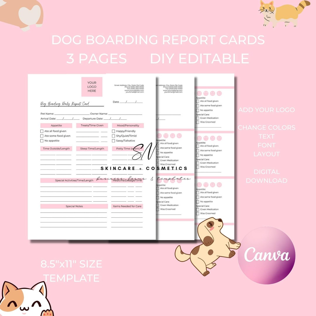 Dog Boarding Daily and Weekly Report Cards DIY Editable Etsy