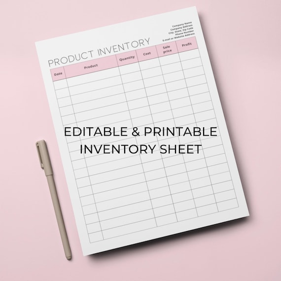 Editable Product Inventory Sheet, Small Business (Printable PDF)