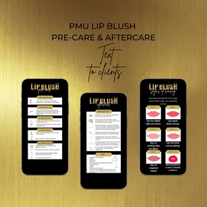 Cuidados posteriores al rubor de labios PMU, cuidados previos al rubor de labios PMU, cuidado del maquillaje permanente, tarjetas de rubor de labios editables por uno mismo, texto para el cliente, imágenes digitales