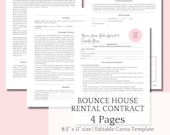 Bounce House Rental Contract Agreement, 4 Page Editable Canva Template, Pink Accent, Inflatables Rental Contract, Moonwalk Rental CON009T