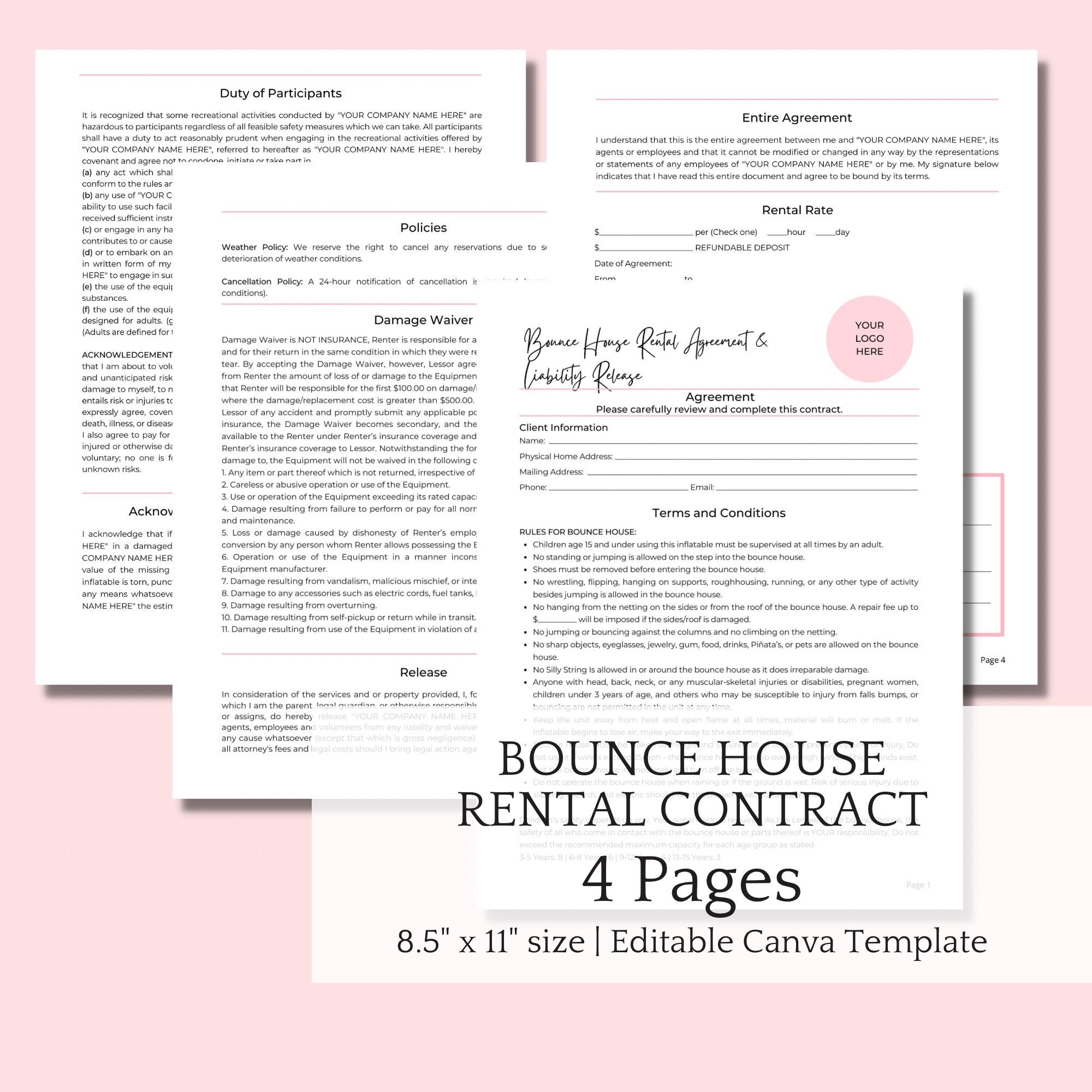 Plantilla de contrato de alquiler de castillo hinchable, acuerdo editable para hinchables (Canva)