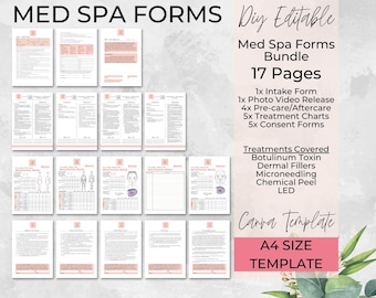 May include: A digital download of 17 printable forms for a medical spa. The forms include intake, photo release, pre-care, aftercare, treatment charts, and consent forms. The forms are designed for treatments such as Botox, dermal fillers, microneedling, chemical peels, and LED therapy. The forms are A4 size and can be edited in Canva.