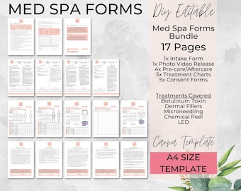 DIY Editable Med Spa Intake Health History Form, Botulinum Toxin, Dermal Fillers, Chemical Peels, Microneedling, LED, Consent, A4 SIZE