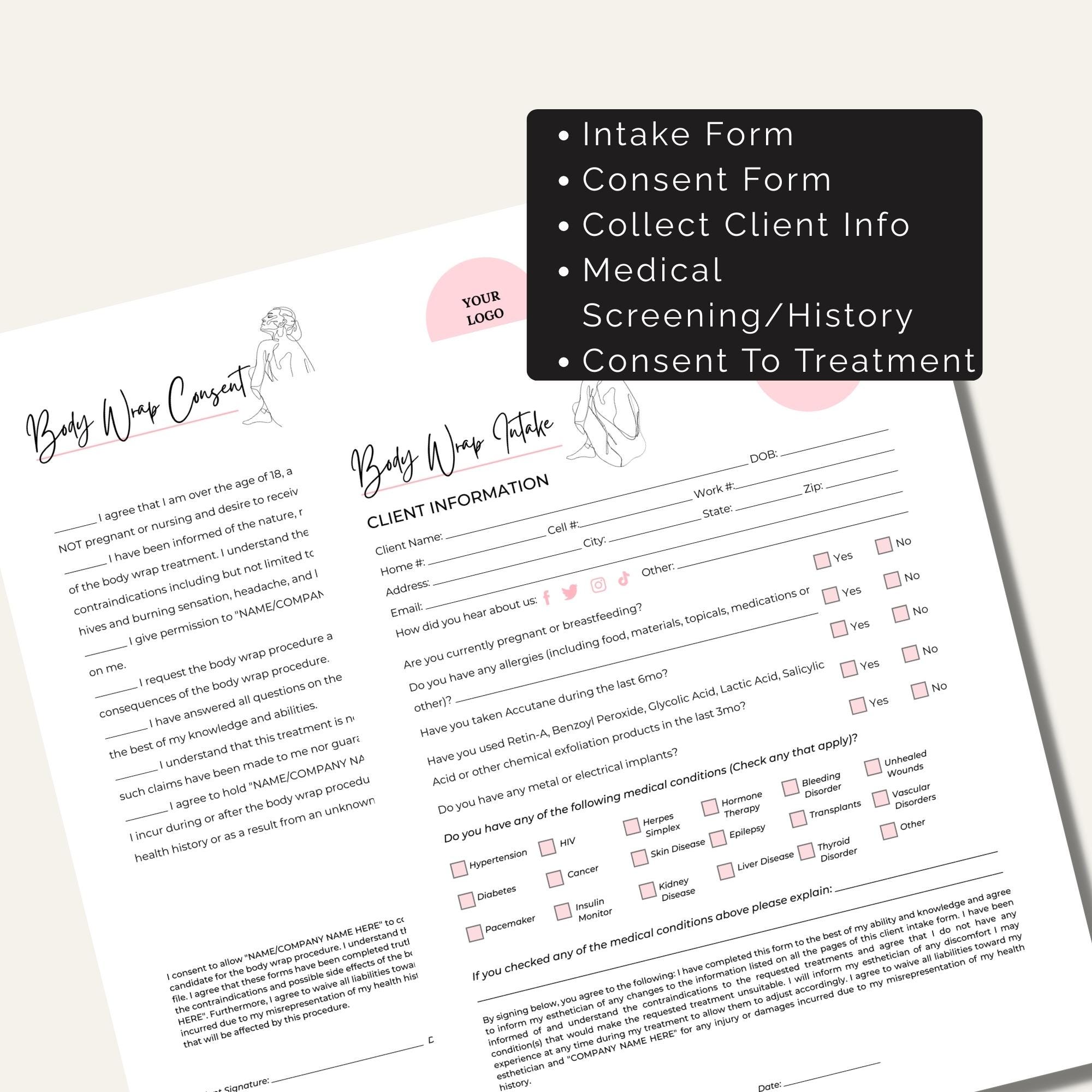 Editable Esthetician Body Wrap Intake and Consent Form, Spa Salon Forms ...