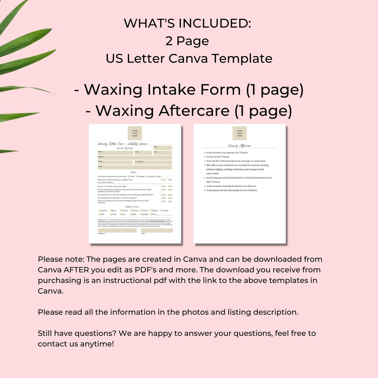 Waxing Intake Form Waxing Aftercare Form DIY Editable - Etsy