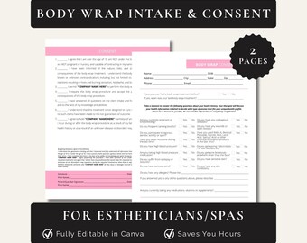 Intagnings- och samtyckesformulär för kroppsinpackning, redigerbar Canva-mall för hudterapeuter och spa