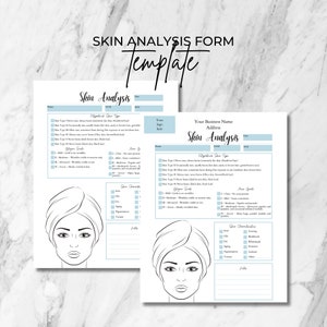Pode incluir: Um modelo de formulário de análise de pele imprimível com uma ilustração em preto e branco do rosto de uma mulher. O formulário inclui seções para nome, data de nascimento, idade, tipo de pele, preocupações com a pele e grau de acne. O formulário foi projetado para ser usado por profissionais de beleza.