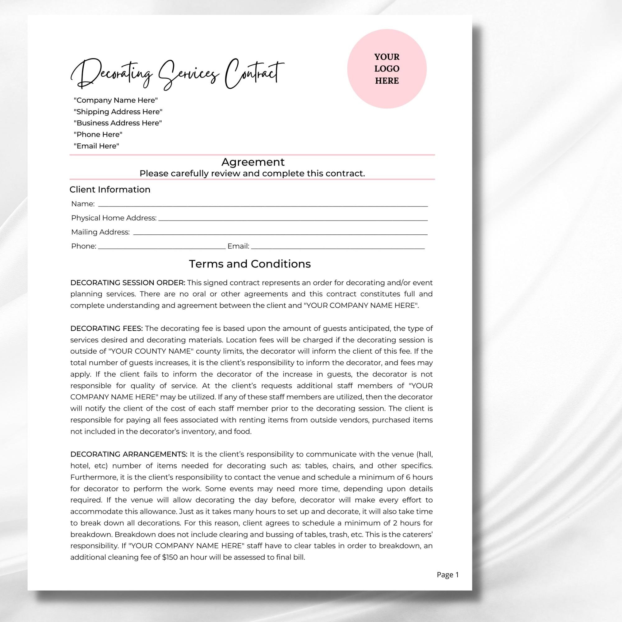 Plantilla de contrato editable para servicios de decoración de eventos,  acuerdo de Canva (tamaño carta estadounidense) - Etsy México, image size:2000x2000