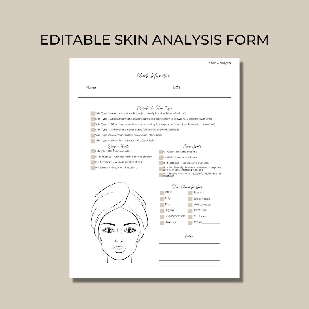 Editable and Printable Skin Analysis Form Template for Estheticians