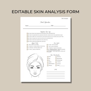 Editable and Printable Skin Analysis Form Template for Estheticians, Document Fitzpatrick Skin Type, Skin Characteristics, Face Mapping