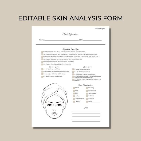 Editable and Printable Skin Analysis Form Template for Estheticians, Document Fitzpatrick Skin Type, Skin Characteristics, Face Mapping