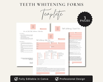 May include: A set of three teeth whitening forms with a template design. The documents feature pink text boxes, placeholders for logos, and sections for client information, health history, and consent. The text reads Teeth Whitening Forms.