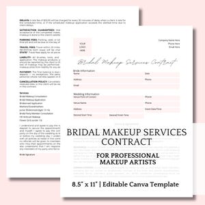 Op de afbeelding: Een wit document van 8,5" x 11" met de titel "Bruids Make-up Services Contract" voor professionele visagisten. Het contract bevat secties voor bruidsinformatie, huwelijksdetails en algemene voorwaarden. Het document heeft een roze rand.