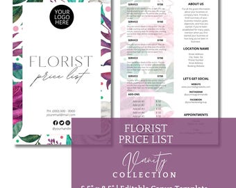 Plantilla editable de lista de precios de floristería: Menú de servicios florales (5,5 x 8,5) Canva