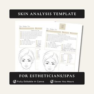 Puede incluir: Una plantilla de análisis de piel con el texto "Skin Analysis Template" en la parte superior. La plantilla incluye secciones para el tipo de piel, las arrugas y las características de la piel. La parte inferior de la imagen dice "For Estheticians/Spas" y "Fully Editable in Canva" y "Saves You Hours."