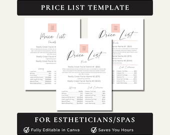 Esthetician Price List Template, Spa Service Menu Editable Canva Template