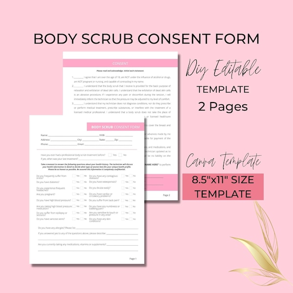 Body Scrub Consent Form, DIY Editable Printable 2 Page Canva Template, Body Treatment Form, Pink White, Esthetician Form, Spa Form,