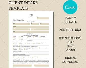 Client Intake Form, 1 Page, DIY Editable Printable Canva Template, Facial Consultation, Client Questionnaire Form, Esthetician CIF002T