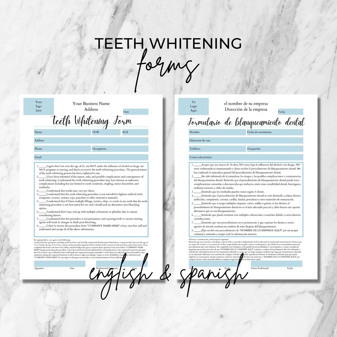 Editable Teeth Whitening Consent Form in English & Spanish, Tooth Whitening Form, Dental Form