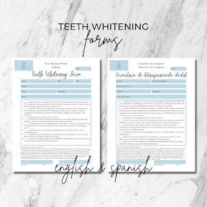 Teeth Whitening Consent Form in English Teeth Whitening Consent Form in Spanish Tooth Whitening Forms Dental Forms Esthetician Form Template