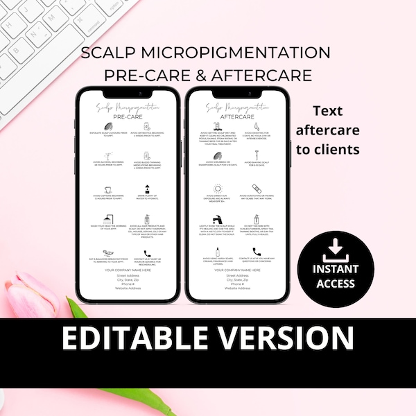Editable Digital Scalp Micropigmentation Precare Aftercare I Textable I SMP PMU Image I Canva Template I White & Black I PMUA029T