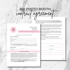 以下が含まれることがあります： ピンクと白の360度フォトブースレンタル契約書。ピンクのロゴのプレースホルダーがあります。契約書には、賃借人の情報、イベントの詳細、利用規約、所有者の情報に関するセクションが含まれています。