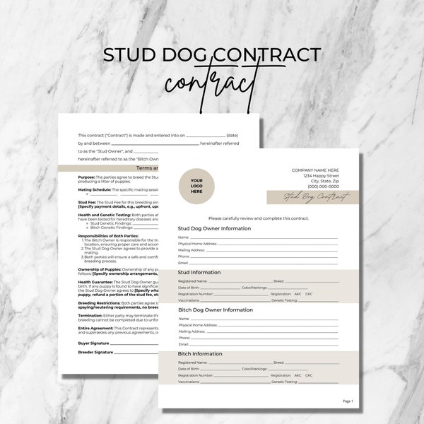 Stud Dog Contract Agreement, 2 Page Editable Canva Template, Beige Color, Breeder Contract, Dog Breeding Agreement, Stud Dog Terms, Canine