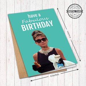 Biglietto d'auguri stampabile Colazione da Tiffany, stampa biglietto d'auguri Audrey Hepburn, PDF 4x6, DOWNLOAD immediato