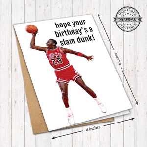 Cartão de aniversário para impressão de Michael Jordan, cartão de aniversário de jogador de basquete Slam Dunk Imprimir PDF 4x6, DOWNLOAD INSTANTÂNEO