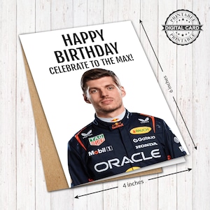Carte d'anniversaire imprimable F1 Red Bull Max Verstappen, joyeux anniversaire, célébrer jusqu'au maximum, impression de carte PDF 4 x 6, TÉLÉCHARGEMENT IMMÉDIAT