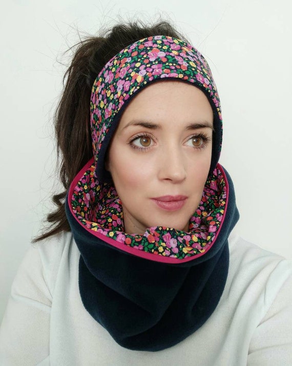 Navy Tweed Snood Scarf with Reversible Velvet
