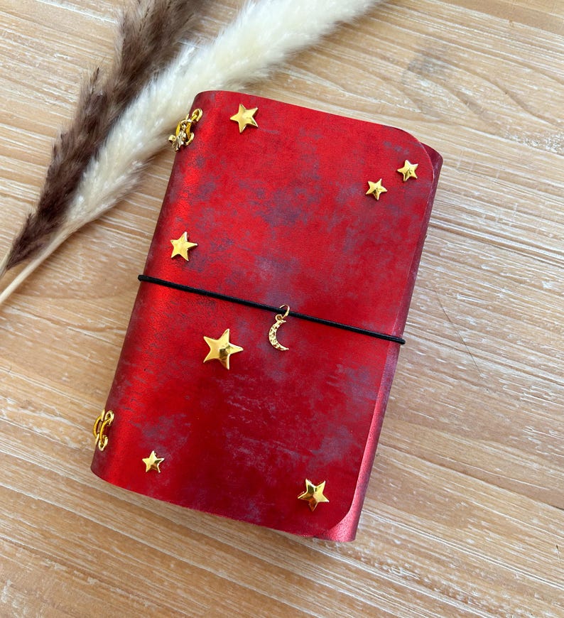 Starry A6 Ruby Trifold Travelers Notebook- Handmade Leather Journal