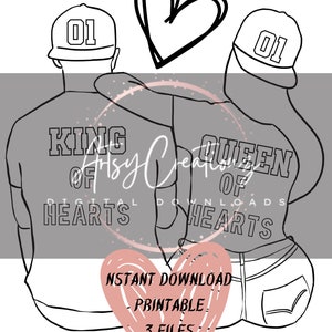 May include: A black and white line drawing of a couple wearing shirts that say "King of Hearts" and "Queen of Hearts". They are wearing baseball caps with the number "01" on them. The couple is holding hands and a large heart is drawn between them.