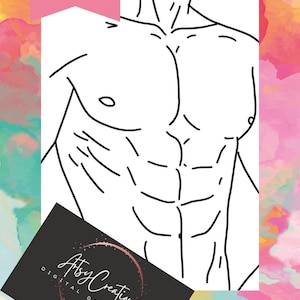 Puede incluir: Dibujo de línea de un torso musculoso con abdominales definidos. El dibujo está en blanco y negro y sobre un fondo blanco.