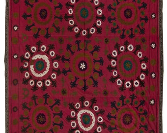 7x7.4 Ft Decorative Silk and Cotton Suzani Textile, Vintage Uzbek Embroidery Wall Hanging or Bedspread. NS133