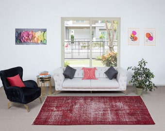 5.8x9 Ft Distressed Turkish Handmade Wool Area Rug in Red, Ideal for Contemporary Interiors. NTEK1377