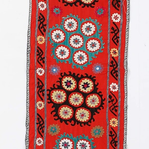 1.9x12.4 Ft Red Silk Suzani Table Runner, Vintage Embroidery Wall Hanging, Floral Uzbek Bedspread Runner, Unique Wall Decor. NS56